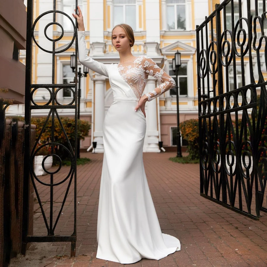Великолепное свадебное платье белого цвета с длинными рукавами, подчеркивающее фигуру, подчеркивающее вашу естественную красоту