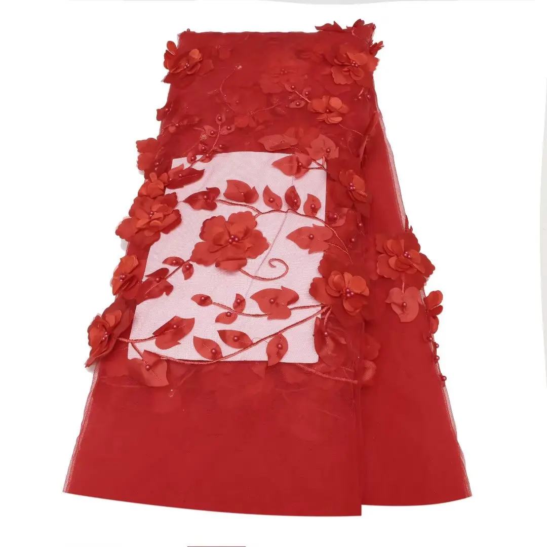 2023 Великолепные 3D красные Цветы Африканская Кружевная Ткань Из Бисера Французская Кружевная ткань Дубай Аппликация тюль кружевное свадебное/вечернее платье
