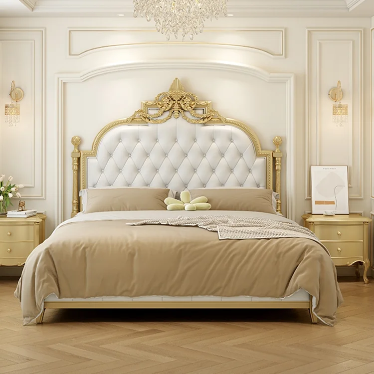 Кровать французской принцессы, Светлая, роскошная, современная, кремового цвета, кровать из массива вишни, натуральная кожа, американская двуспальная кровать