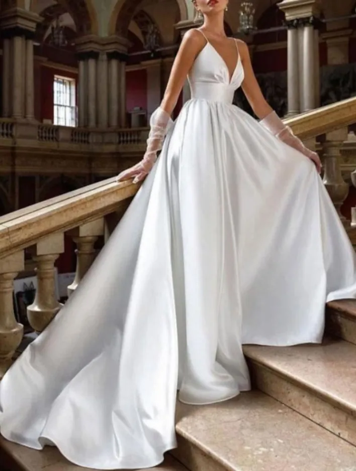 Сексуальные длинные свадебные платья с V-образным вырезом, атласный шлейф, платье принцессы с открытой спиной, vestidos de novia, свадебные платья-спагетти для женщин