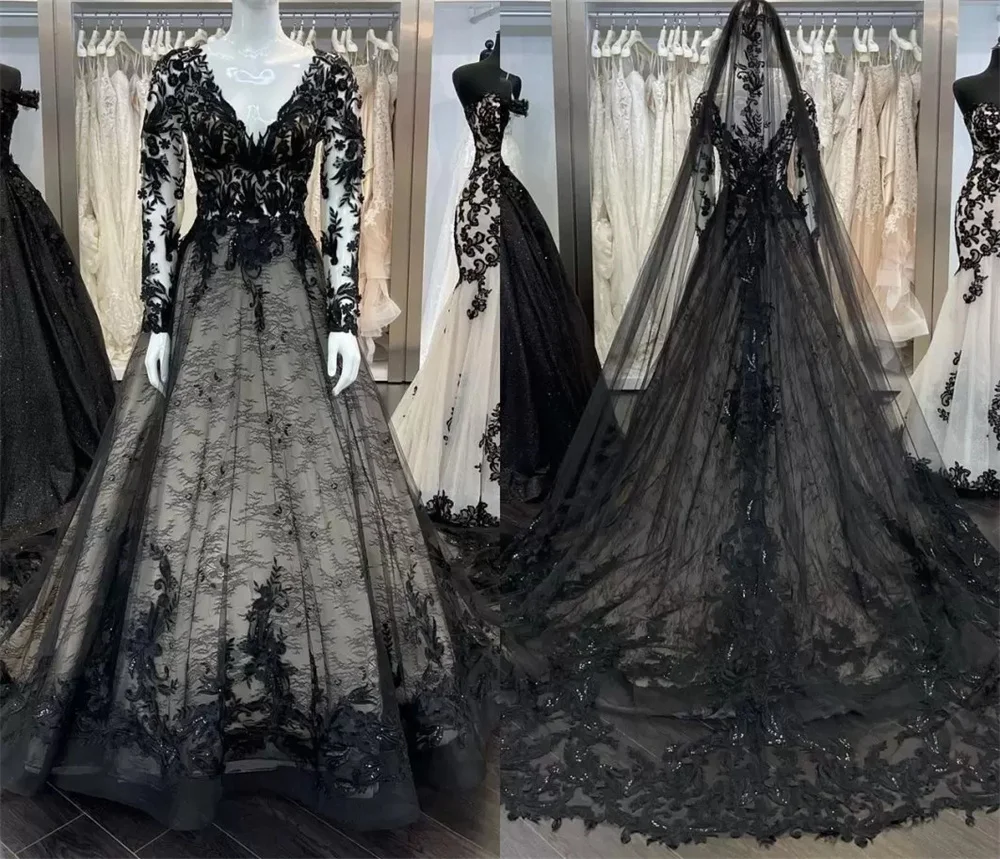 Винтажные языческие свадебные платья С длинным рукавом и V-образным вырезом, полное кружево, Готическая принцесса, Религия, Черное свадебное платье Vestido de noiva